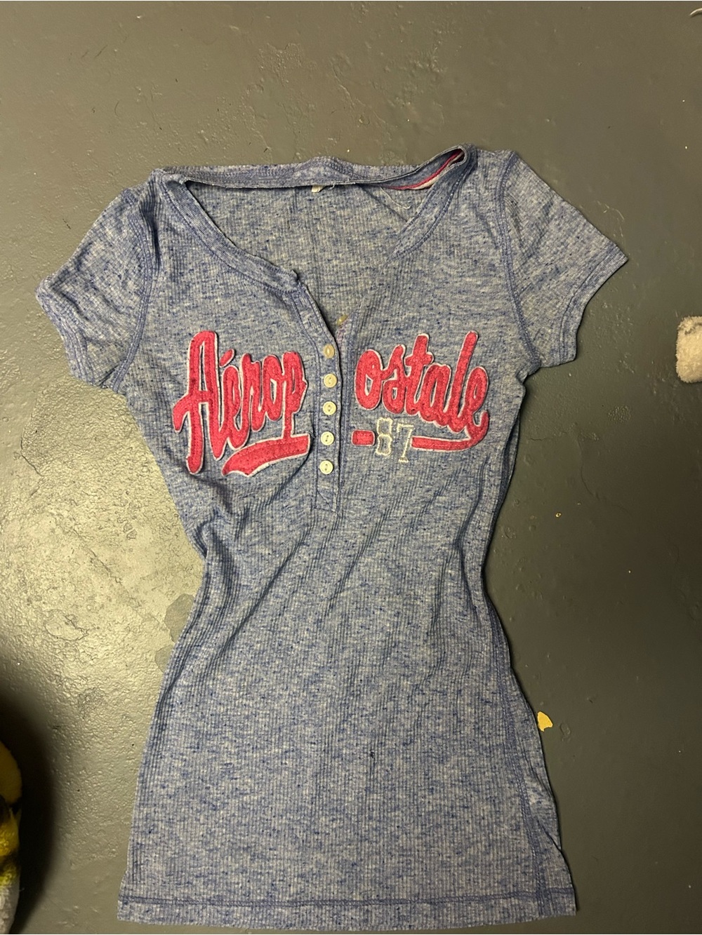 Aeropostale Heather Blue Short-Sleeve Henley Tee with Pink Logo